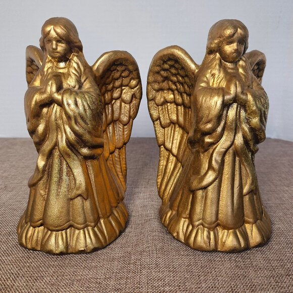 Vintage Ceramic Gold Praying Angels With Open Wings Candle Holders Set of 2 - Picture 5 of 8